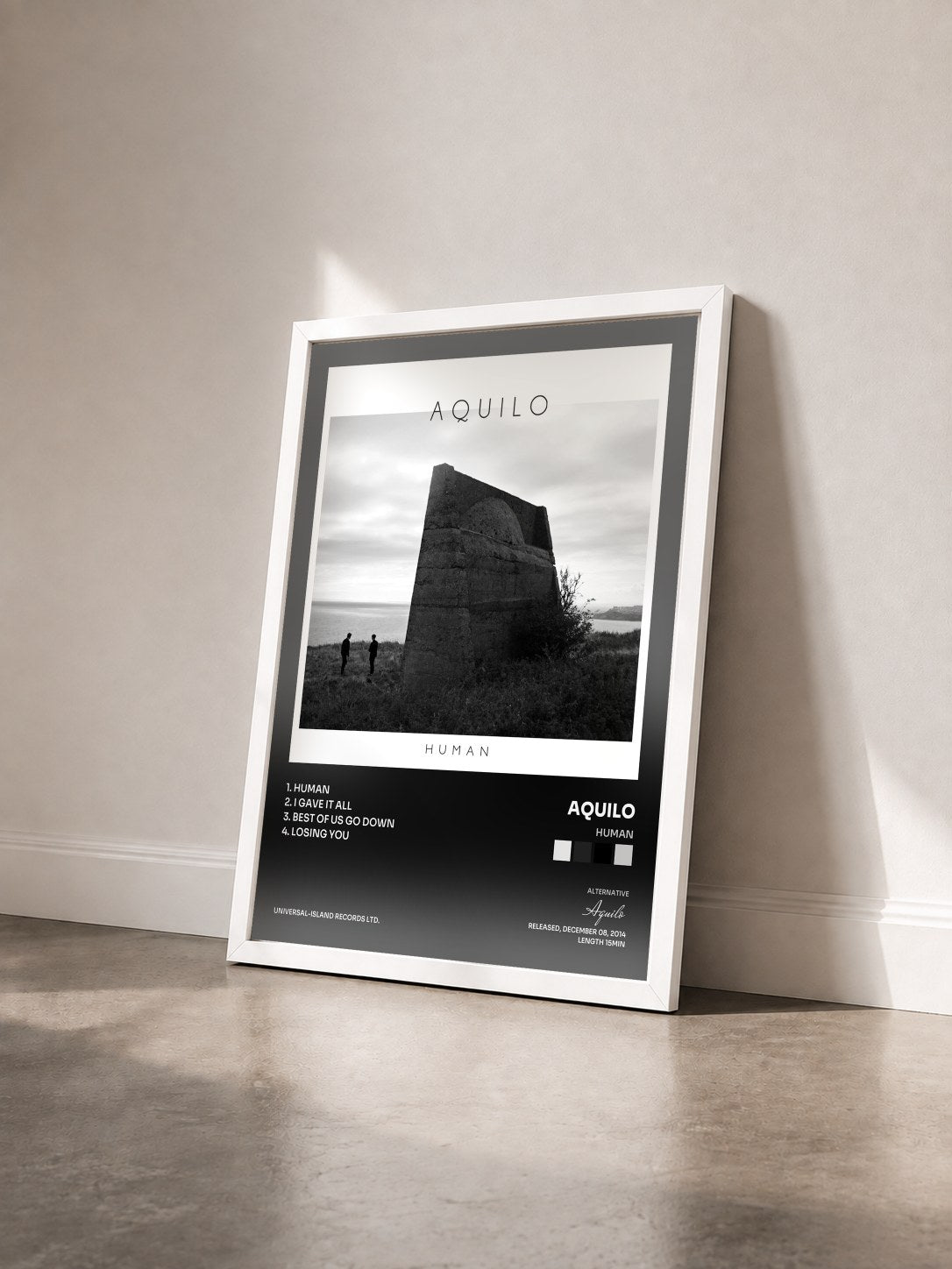 #blanc Tableau de l'album Human de Aquilo vu de trois quarts, cadre blanc