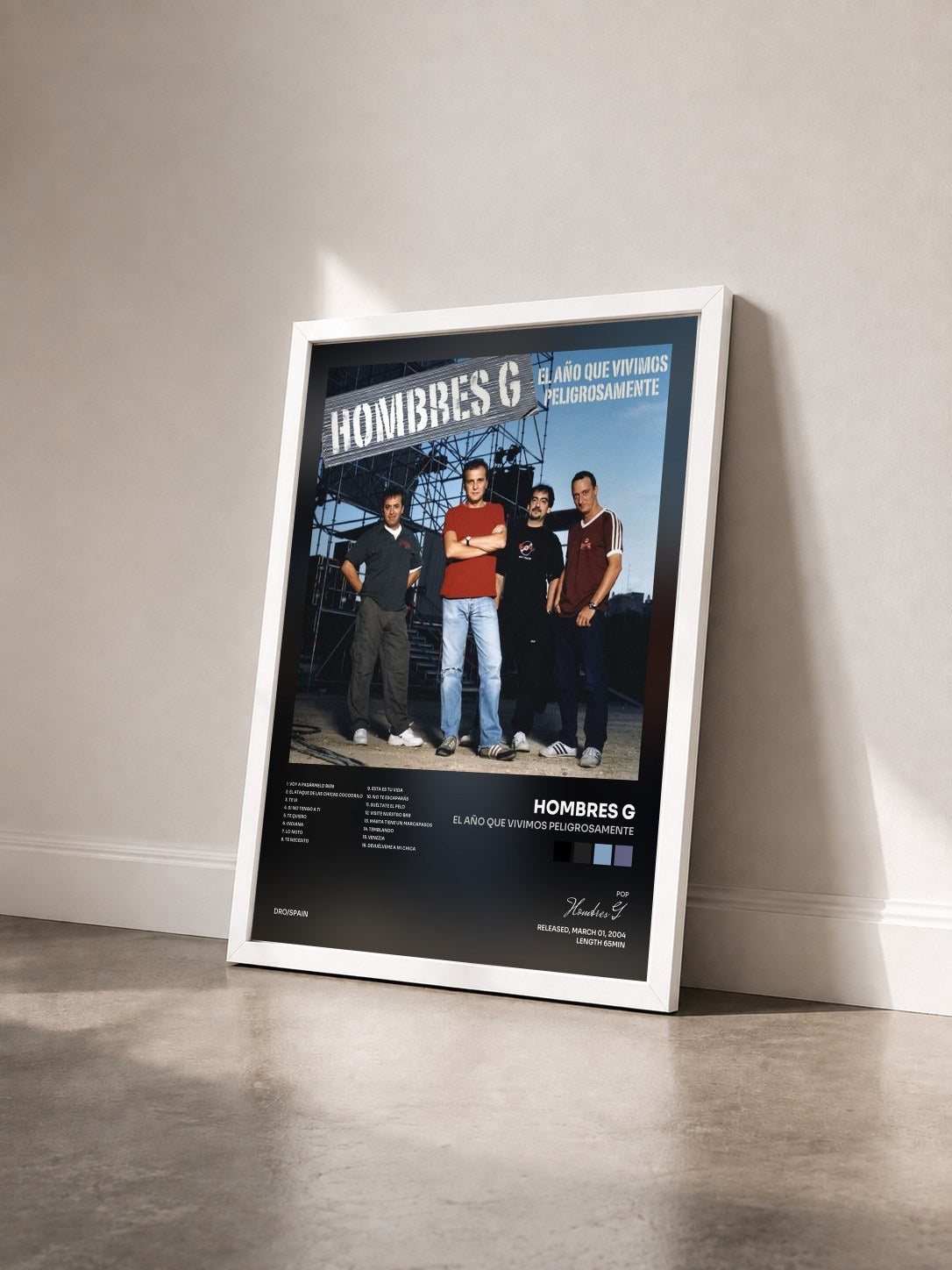 #blanc Tableau de l'album El año que vivimos peligrosamente de Hombres G vu de trois quarts, cadre blanc