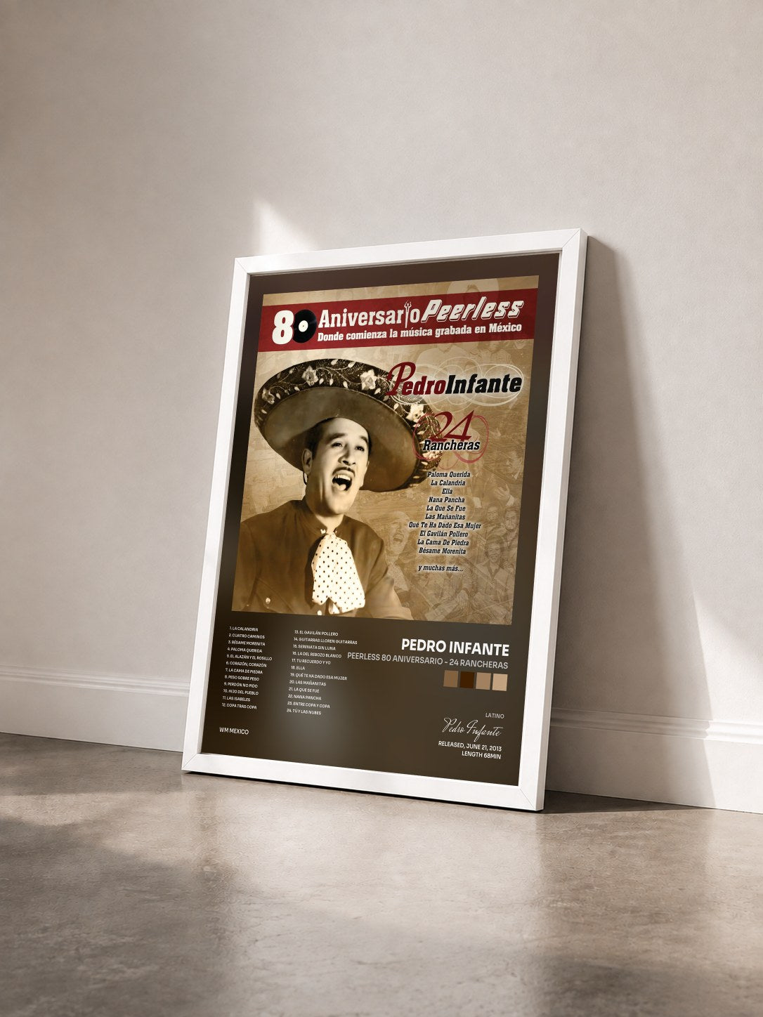 #blanc Tableau de l'album Peerless 80 Aniversario - 24 Rancheras de Pedro Infante vu de trois quarts, cadre blanc