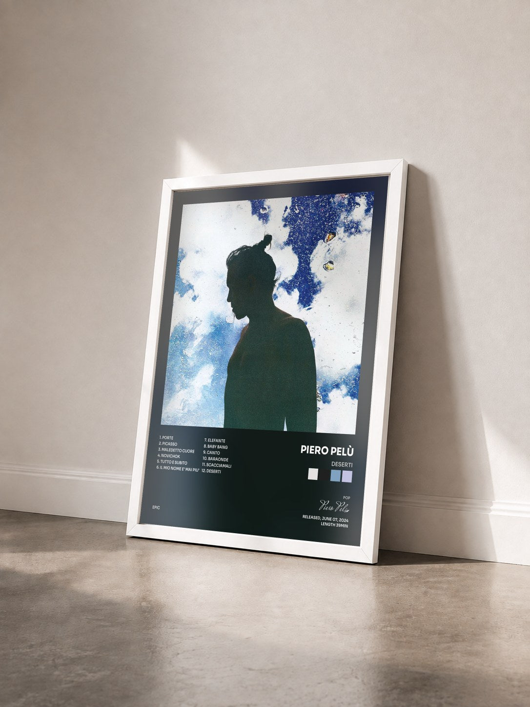 #blanc Tableau de l'album Deserti de Piero Pelù vu de trois quarts, cadre blanc