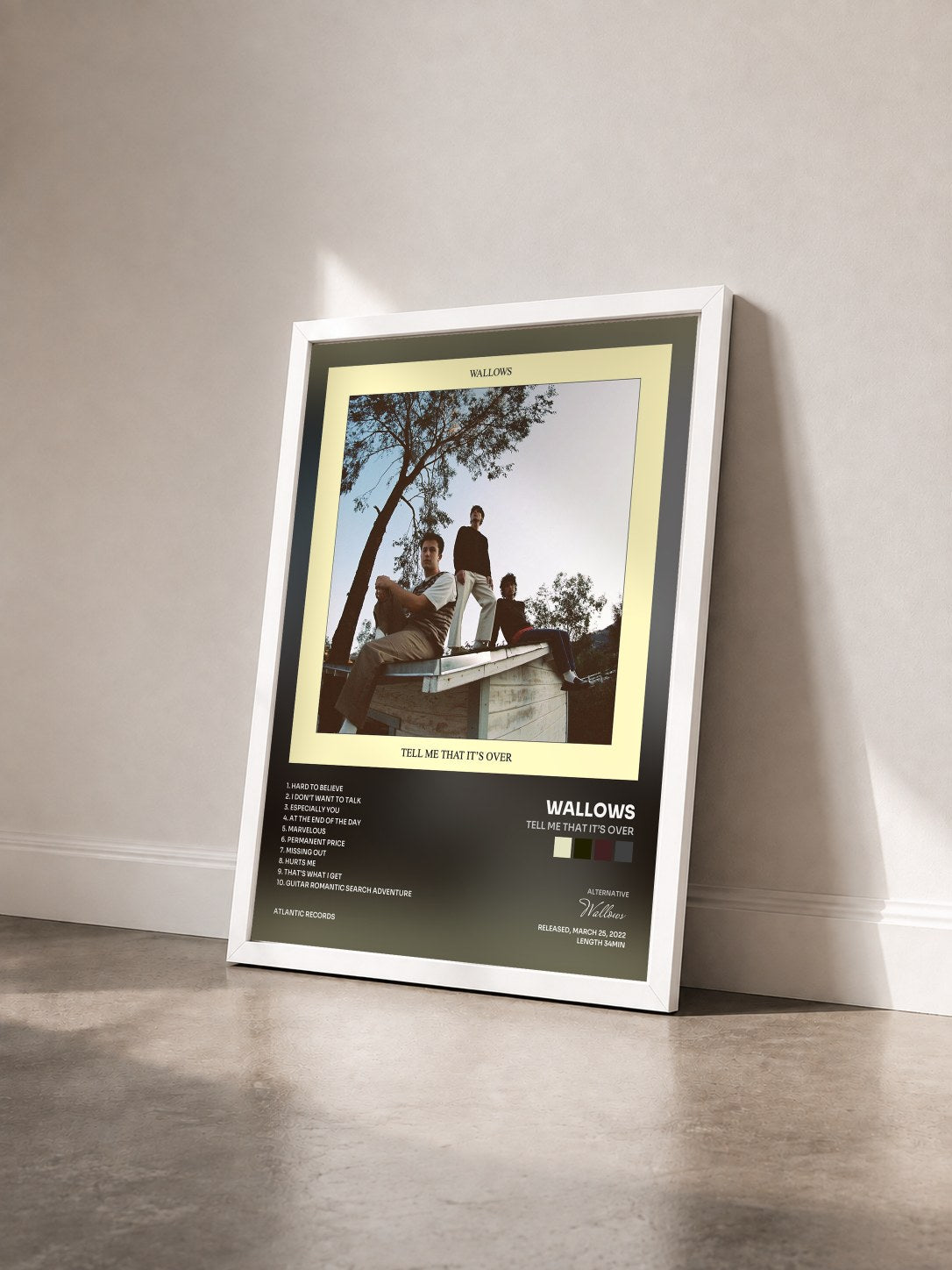 #blanc Tableau de l'album Tell Me That It’s Over de Wallows vu de trois quarts, cadre blanc
