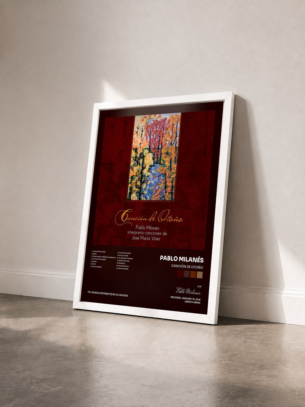 #blanc Tableau de l'album Canción de Otoño de Pablo Milanés vu de trois quarts, cadre blanc