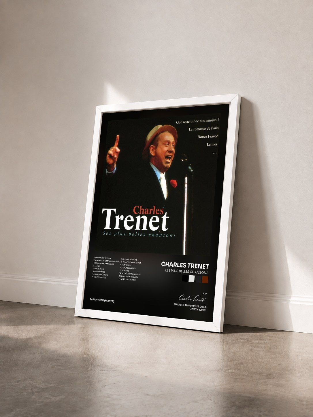 #blanc Tableau de l'album les plus belles chansons de Charles Trenet vu de trois quarts, cadre blanc