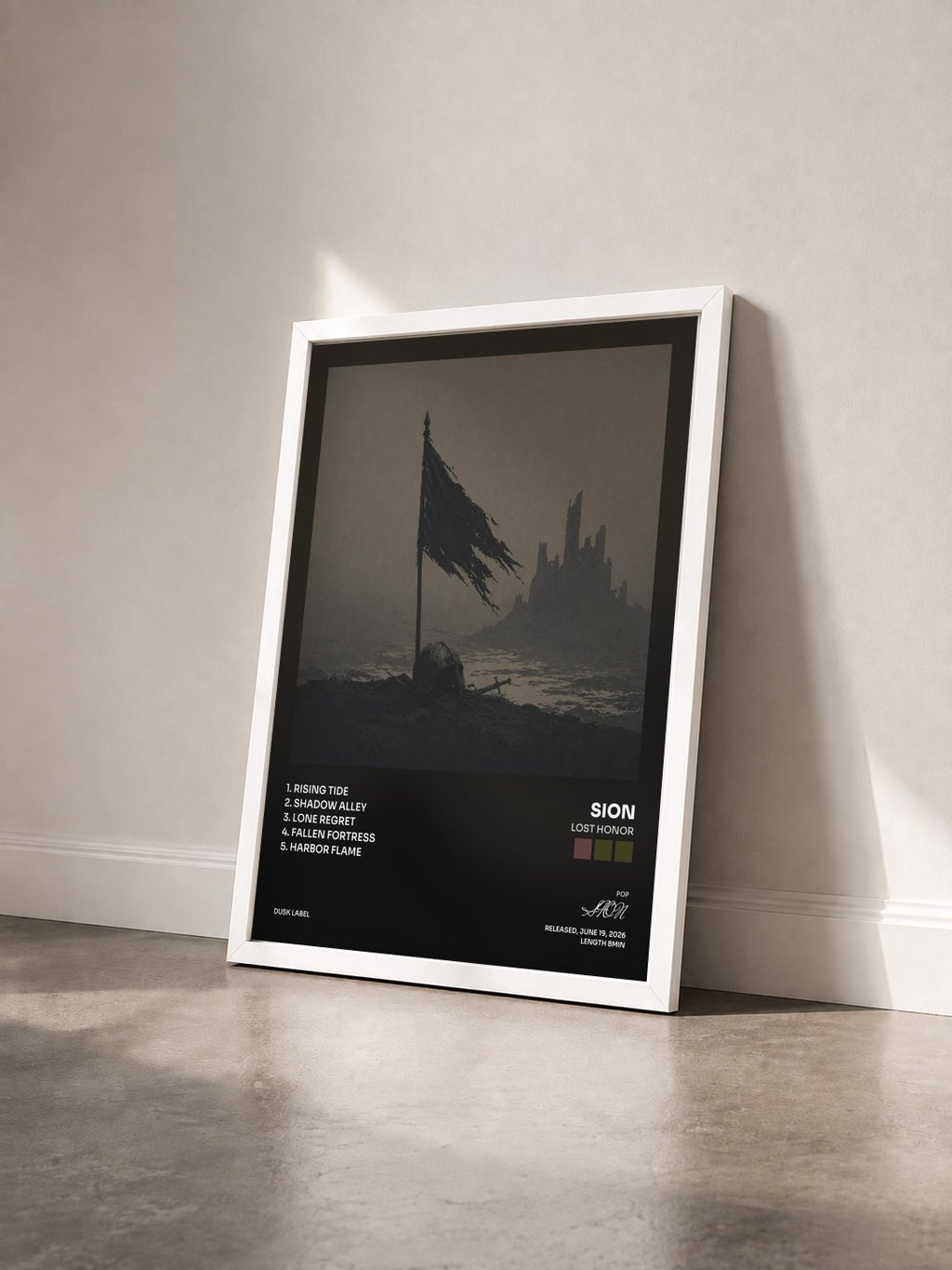 #blanc Lost Honor by SION as a framed art print seen at an angle, white frame