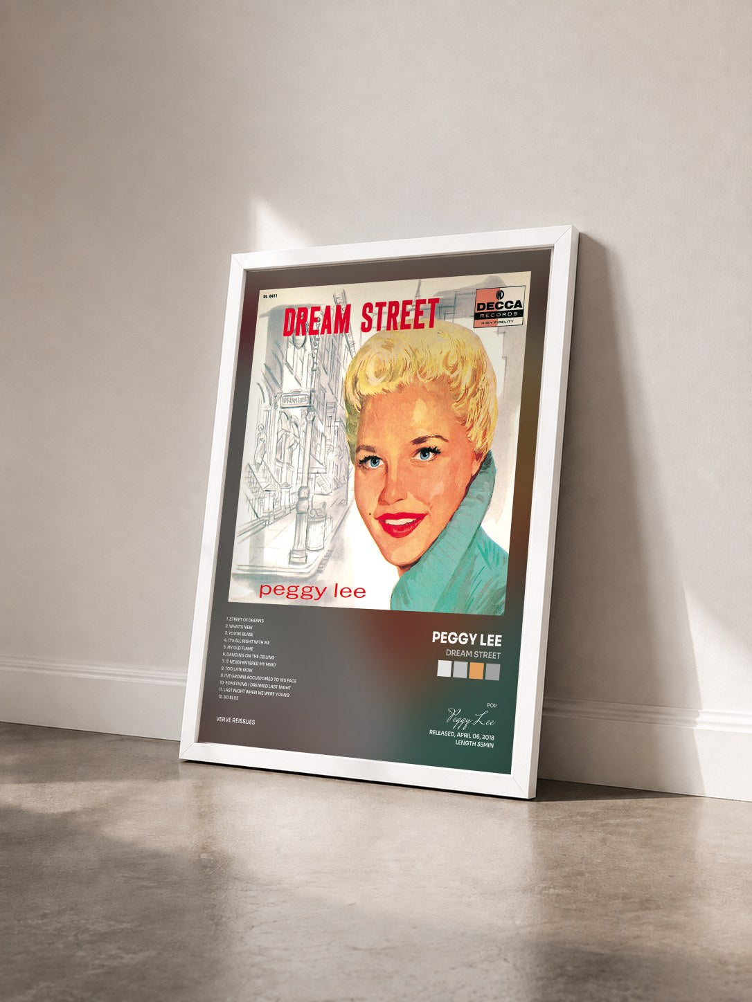 #blanc Tableau de l'album Dream Street de Peggy Lee vu de trois quarts, cadre blanc