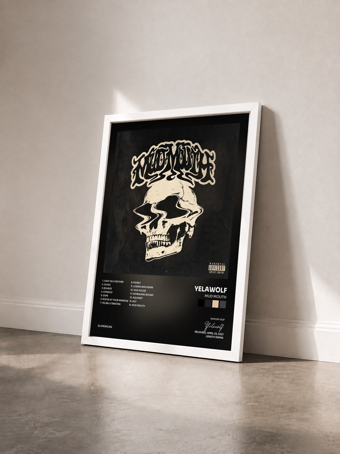 #blanc Tableau de l'album Mud Mouth de Yelawolf vu de trois quarts, cadre blanc
