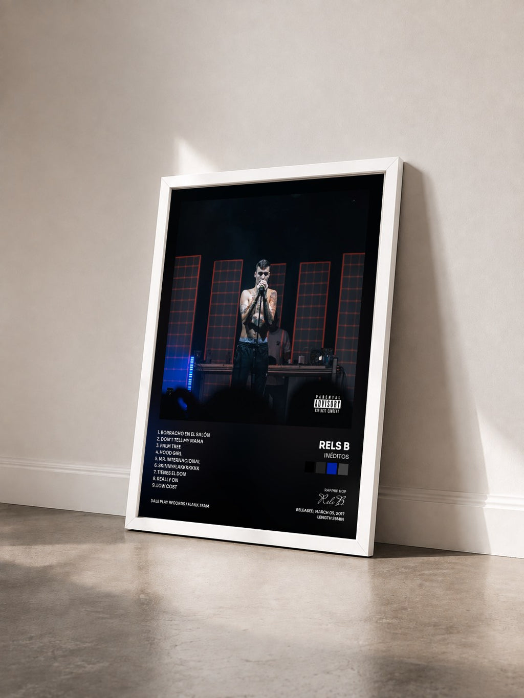 #blanc Tableau de l'album Inéditos de Rels B vu de trois quarts, cadre blanc