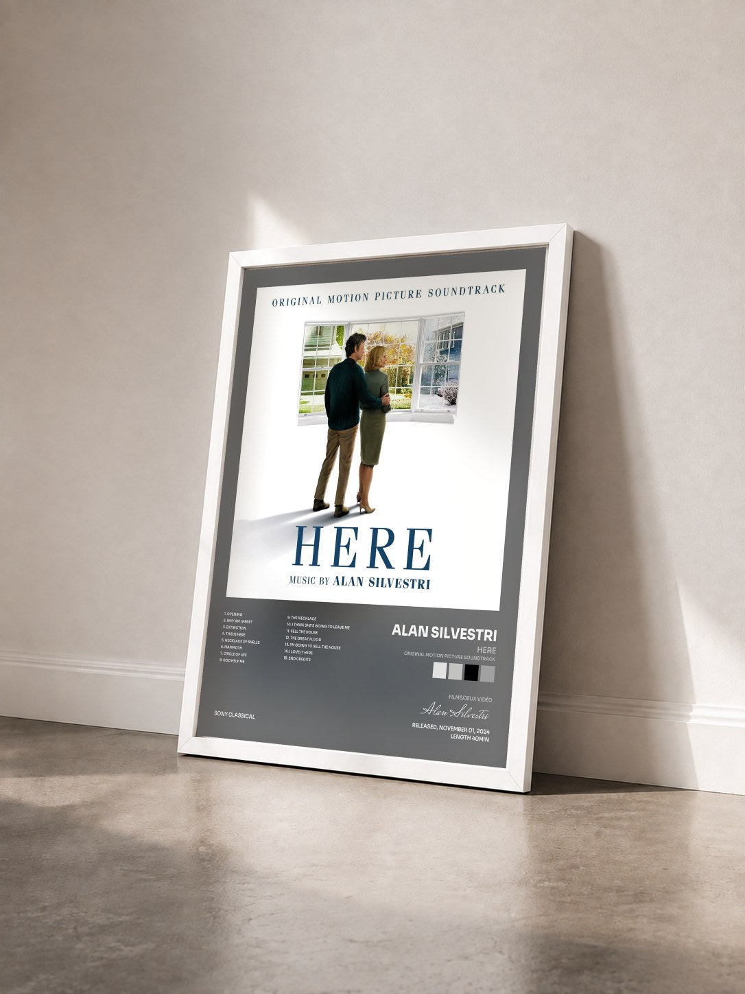 #blanc Tableau de l'album Here (Original Motion Picture Soundtrack) de Alan Silvestri vu de trois quarts, cadre blanc