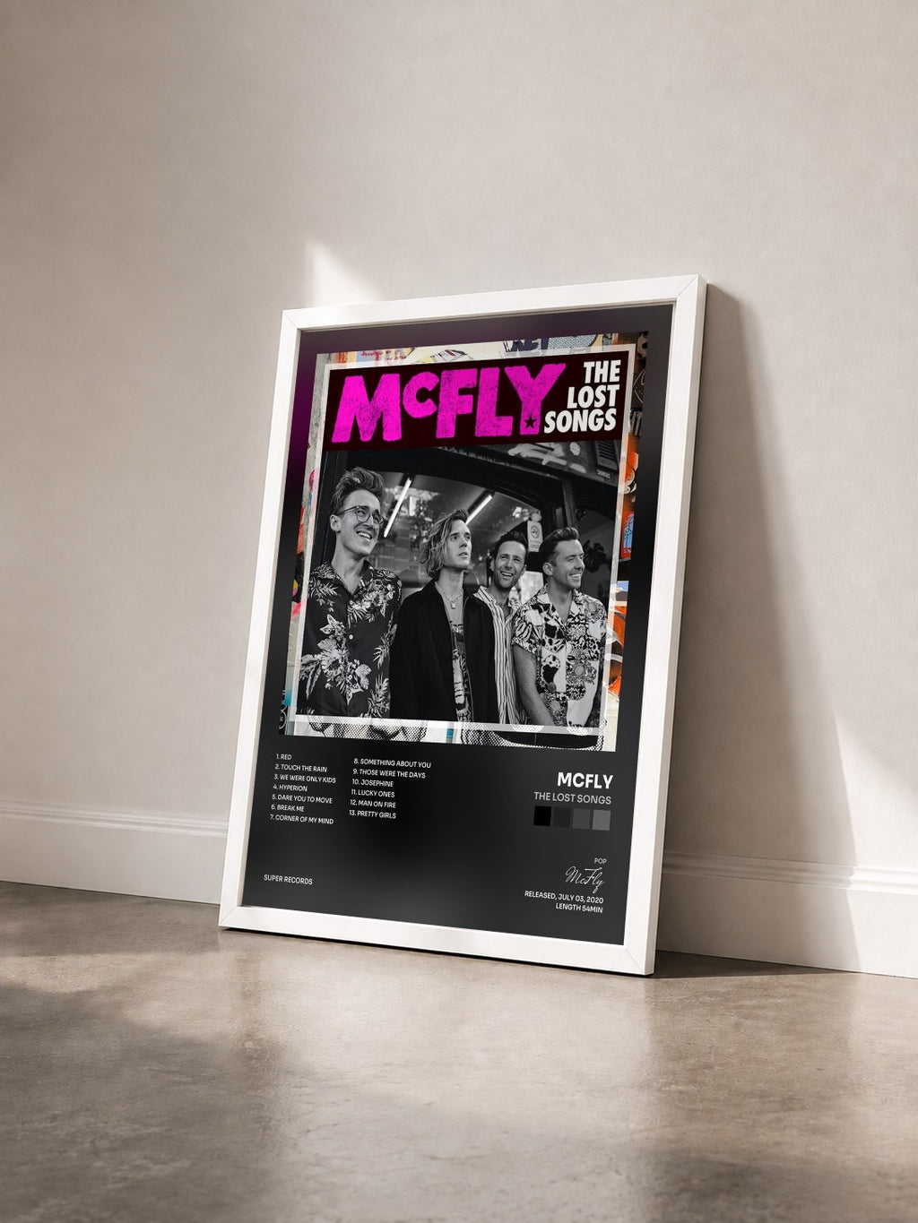 #blanc The Lost Songs by McFly as a framed art print seen at an angle, white frame