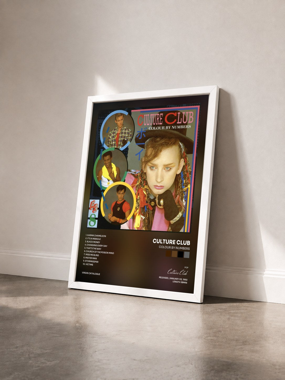 #blanc Tableau de l'album Colour By Numbers de Culture Club vu de trois quarts, cadre blanc