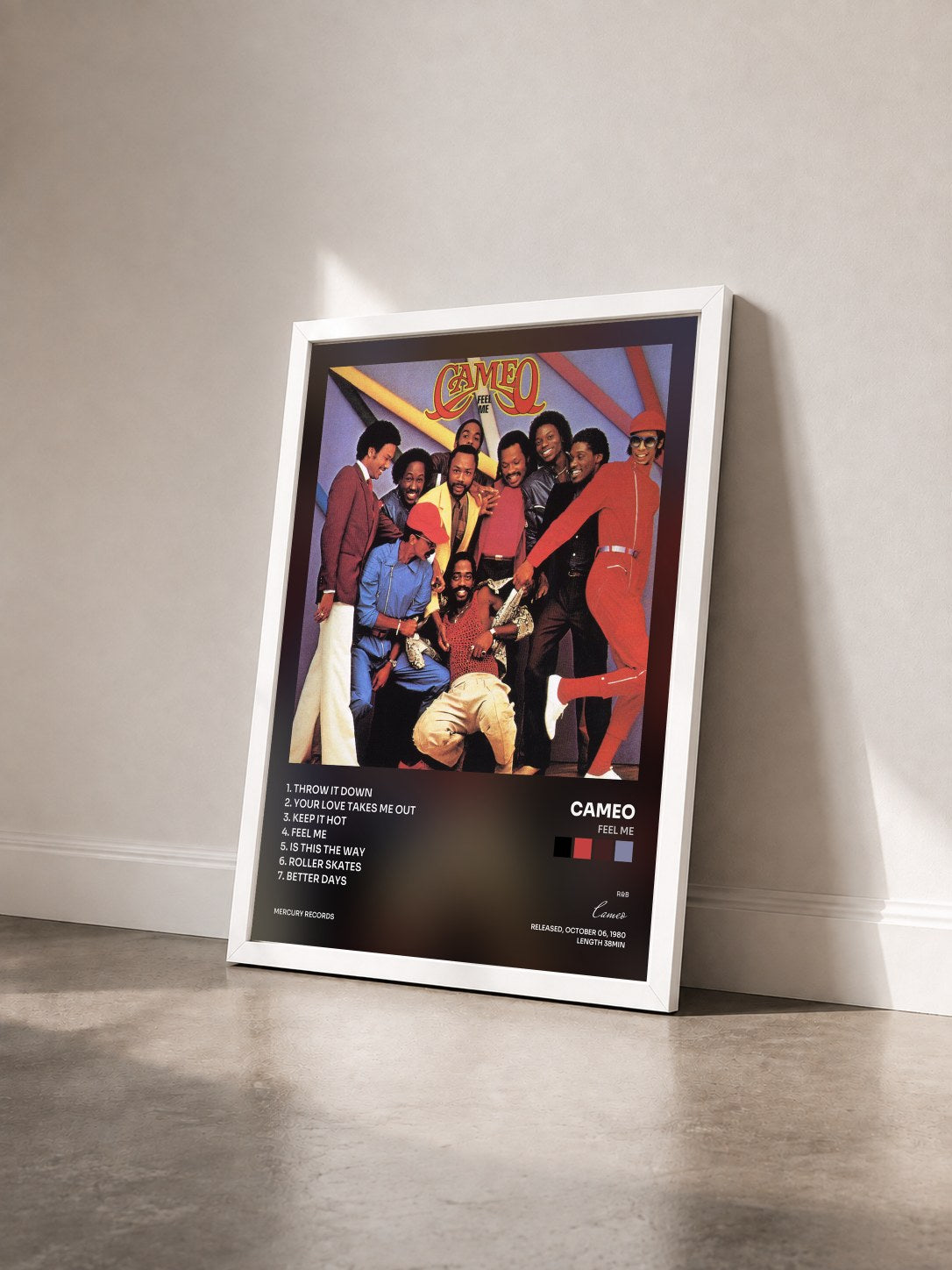 #blanc Tableau de l'album Feel Me de Cameo vu de trois quarts, cadre blanc