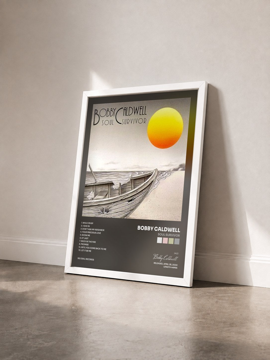 #blanc Tableau de l'album Soul Survivor de Bobby Caldwell vu de trois quarts, cadre blanc