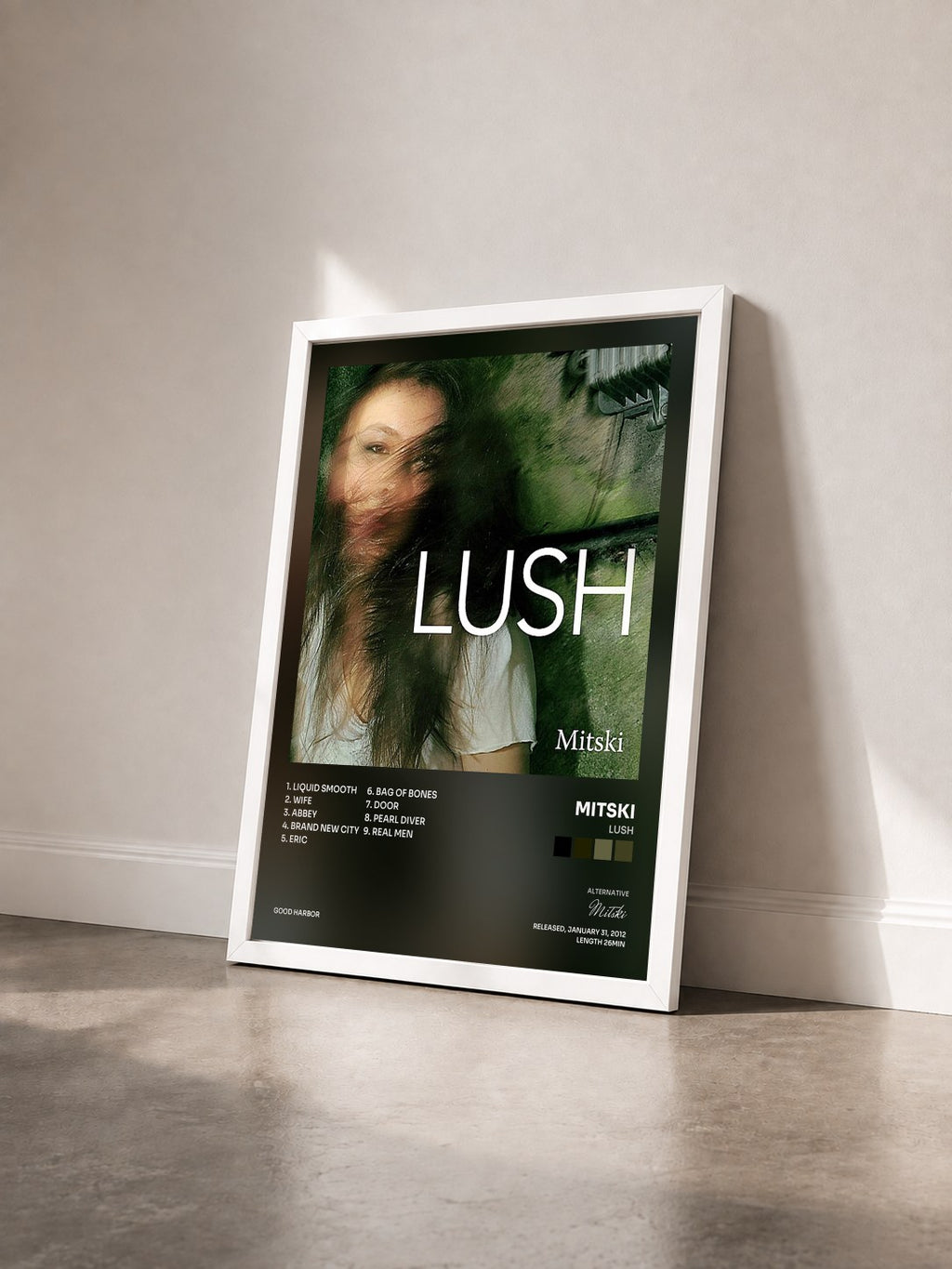 #blanc Lush by Mitski as a framed art print seen at an angle, white frame