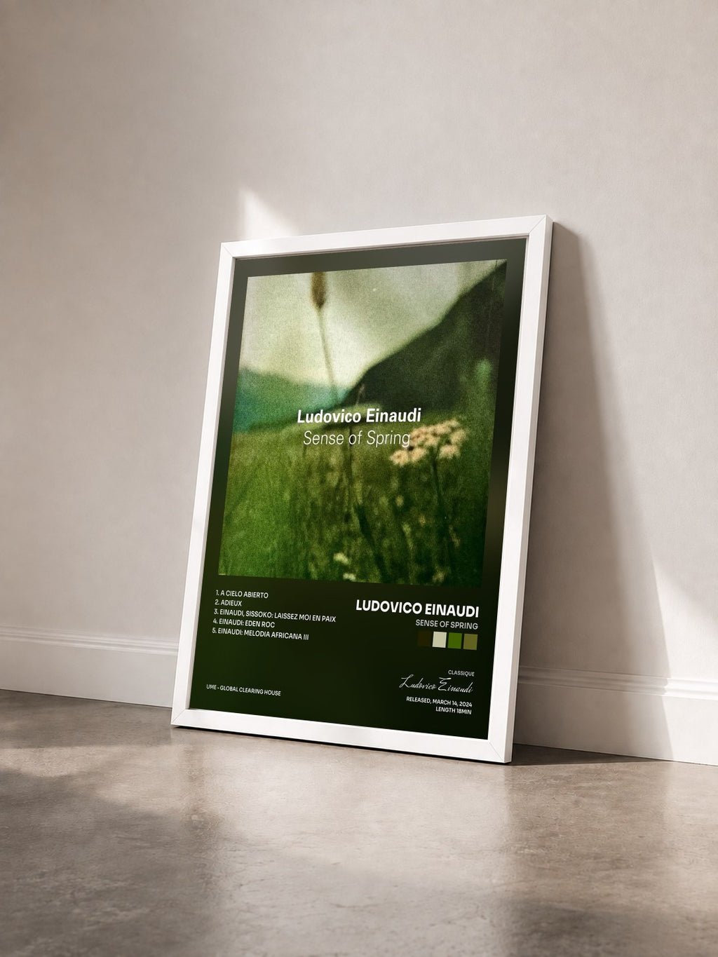 #blanc Tableau de l'album Sense of Spring de Ludovico Einaudi vu de trois quarts, cadre blanc
