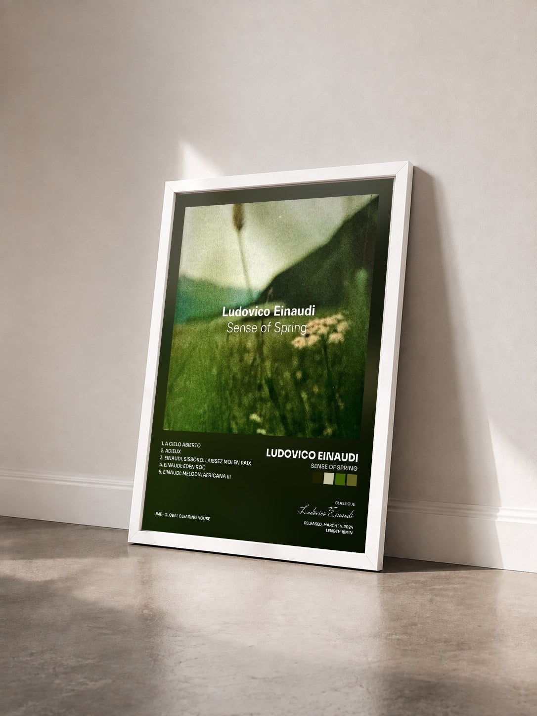#blanc Tableau de l'album Sense of Spring de Ludovico Einaudi vu de trois quarts, cadre blanc