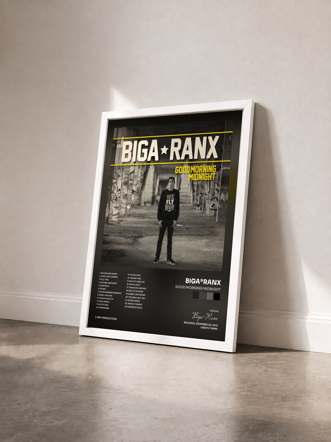#blanc Tableau de l'album Good Morning Midnight de Biga*Ranx vu de trois quarts, cadre blanc