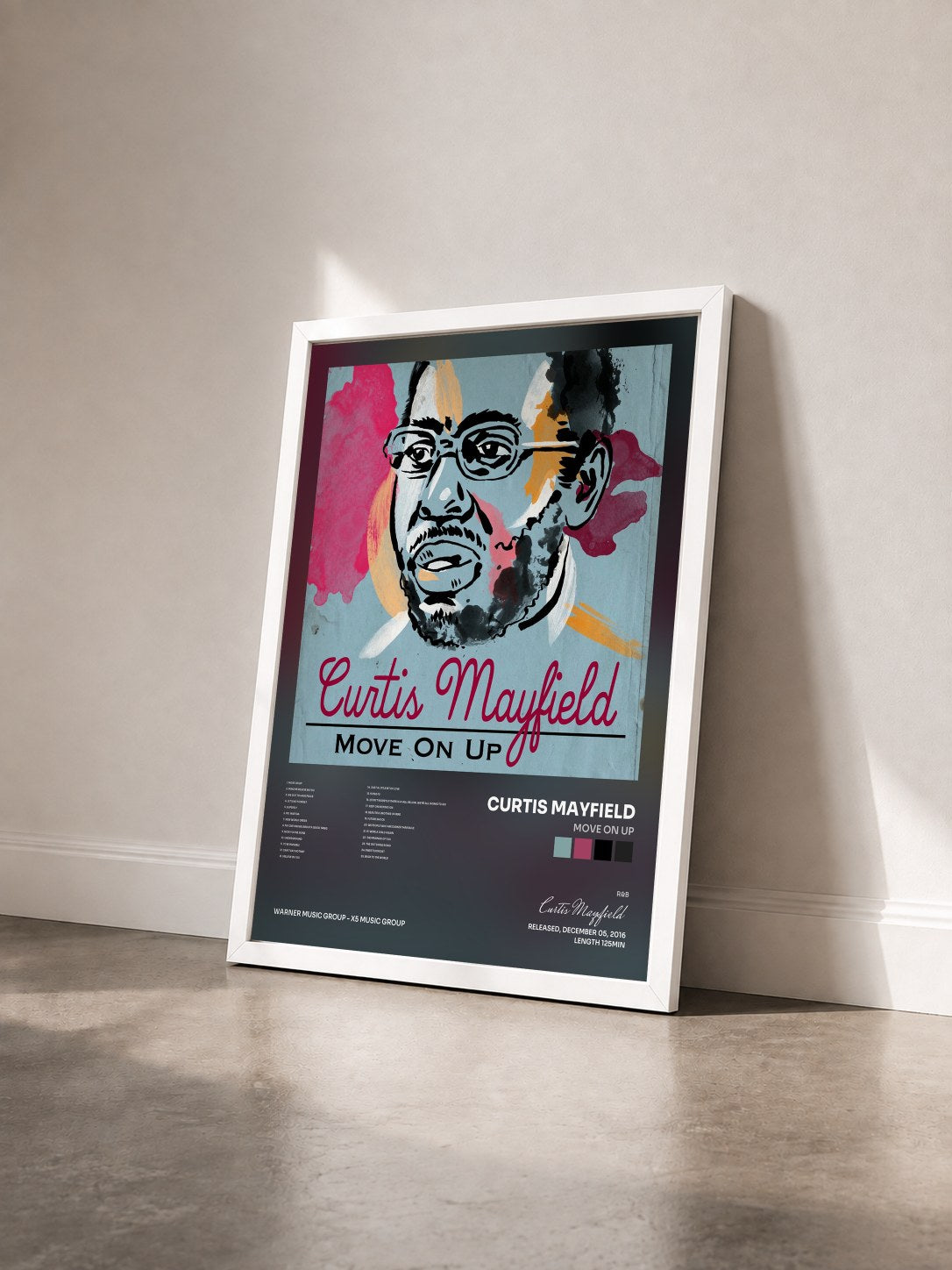 #blanc Tableau de l'album Move On Up de Curtis Mayfield vu de trois quarts, cadre blanc