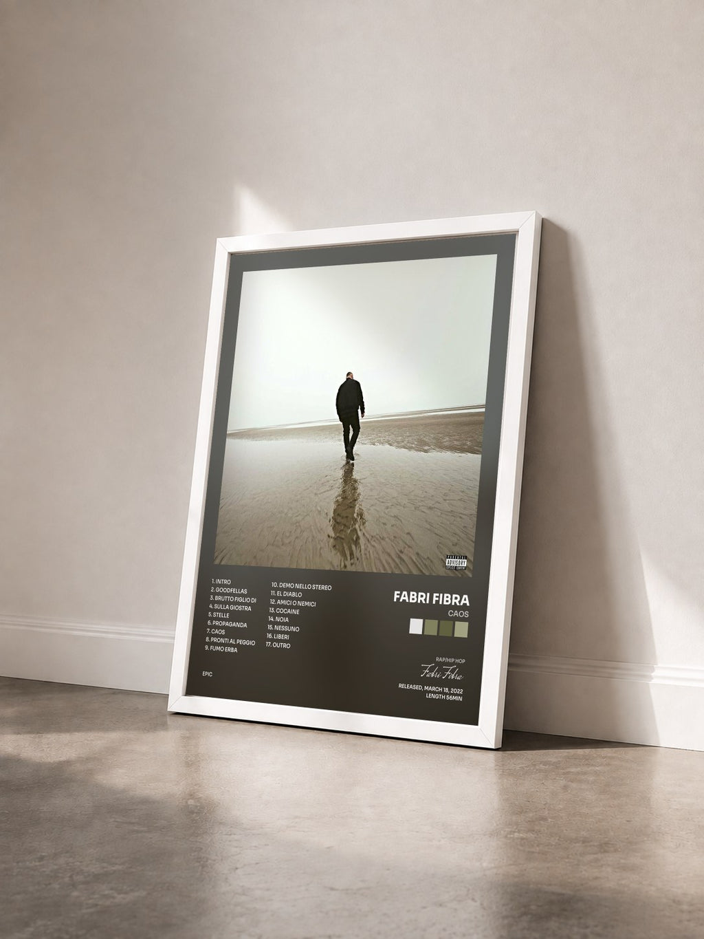 #blanc Tableau de l'album Caos de Fabri Fibra vu de trois quarts, cadre blanc