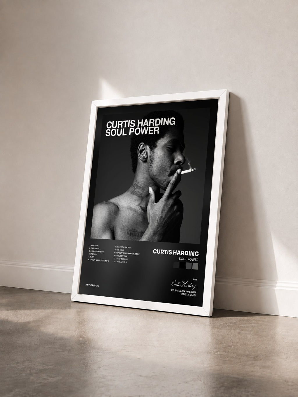 #blanc Tableau de l'album Soul Power de Curtis Harding vu de trois quarts, cadre blanc