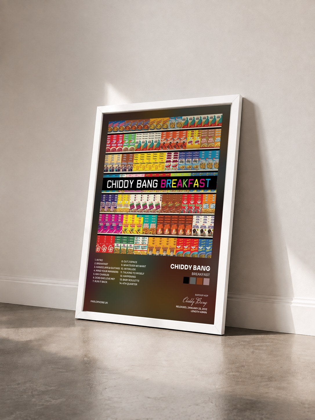 #blanc Tableau de l'album Breakfast de Chiddy Bang vu de trois quarts, cadre blanc