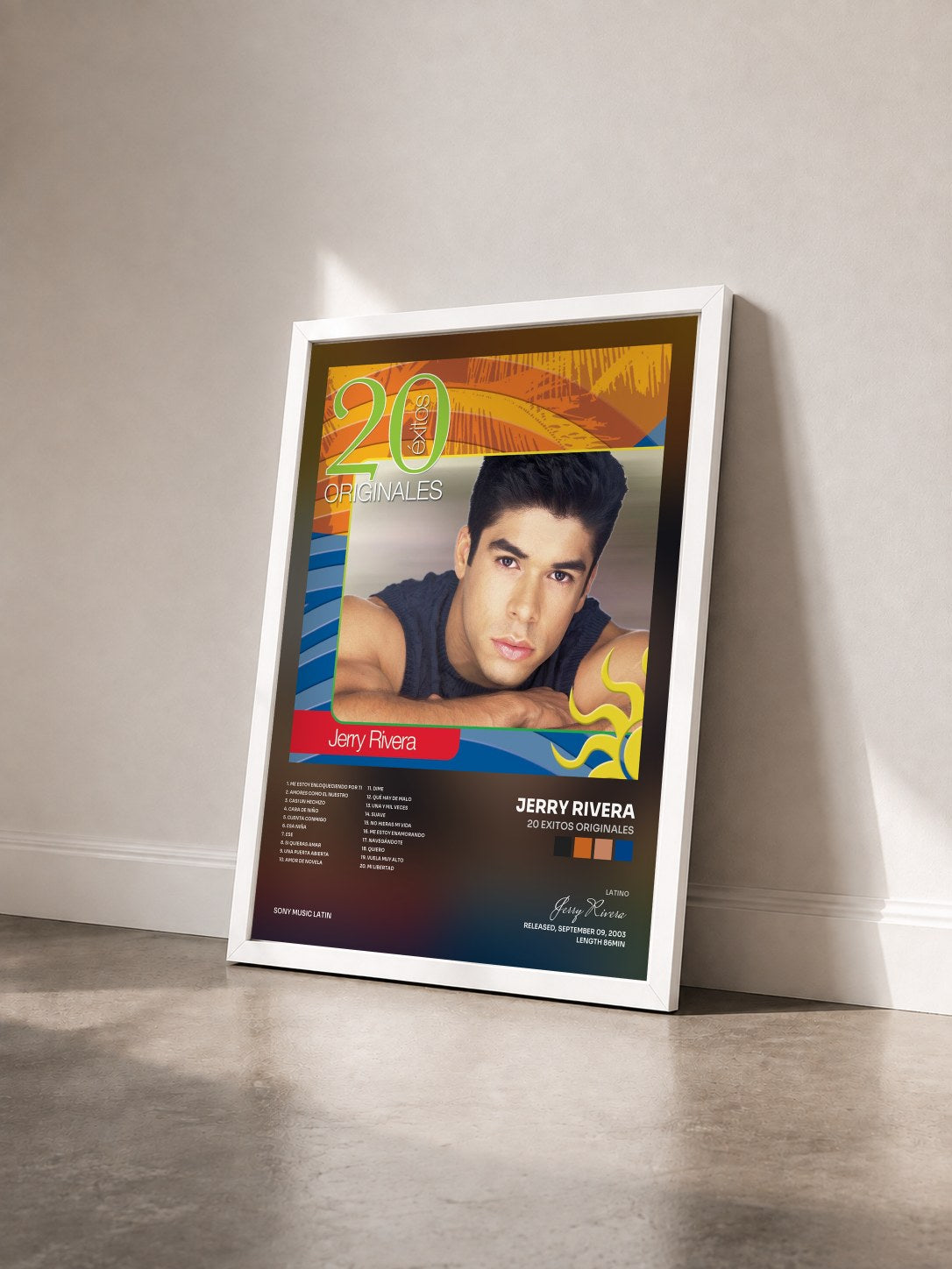 #blanc Tableau de l'album 20 Exitos Originales de Jerry Rivera vu de trois quarts, cadre blanc