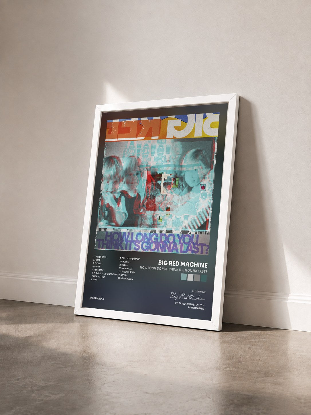 #blanc Tableau de l'album How Long Do You Think It's Gonna Last? de Big Red Machine vu de trois quarts, cadre blanc