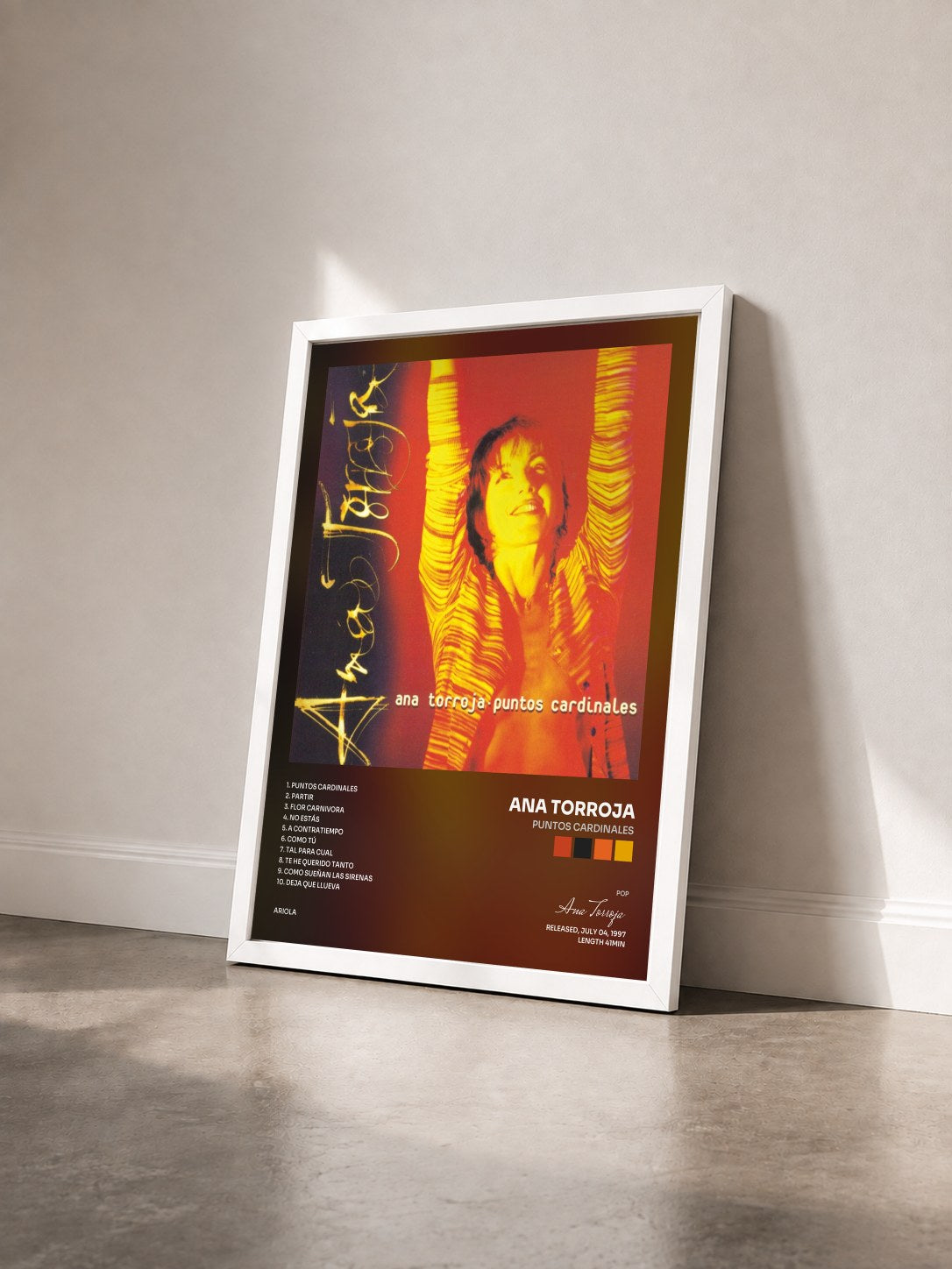 #blanc Tableau de l'album Puntos Cardinales de Ana Torroja vu de trois quarts, cadre blanc