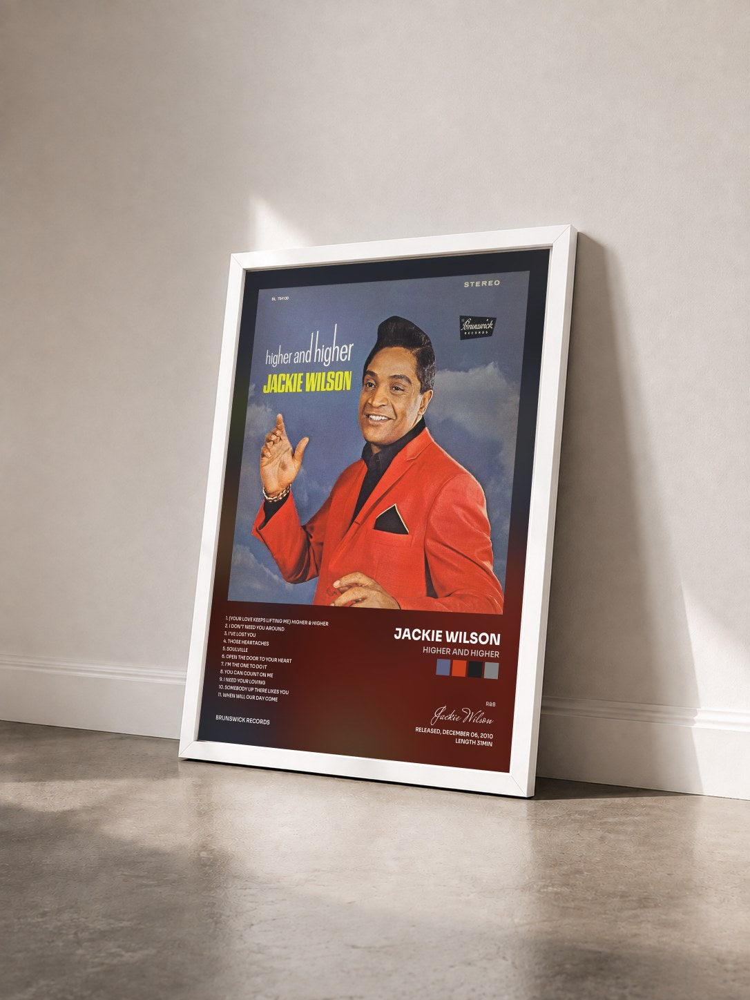 #blanc Tableau de l'album Higher And Higher de Jackie Wilson vu de trois quarts, cadre blanc