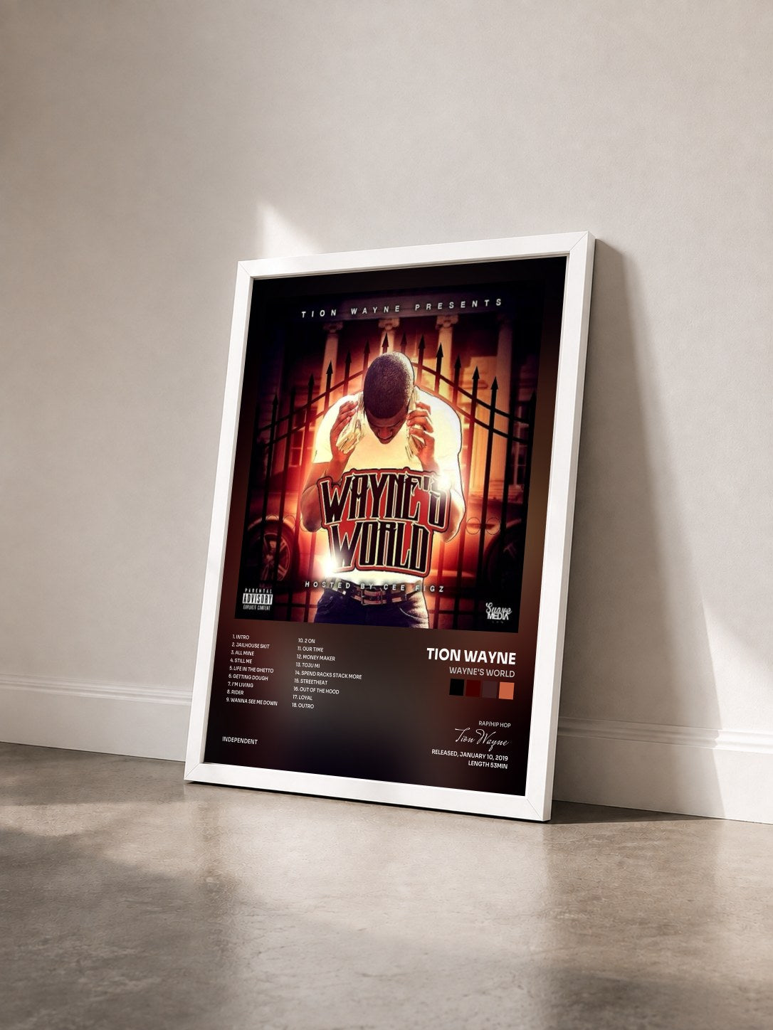 #blanc Tableau de l'album Wayne's World de Tion Wayne vu de trois quarts, cadre blanc