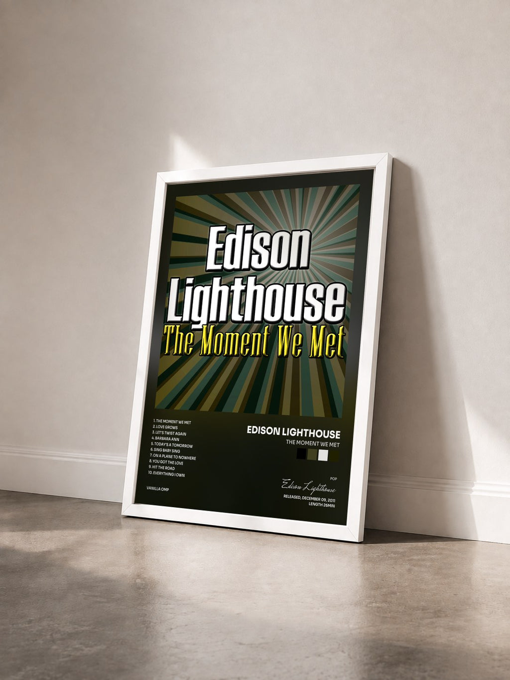 #blanc Tableau de l'album The Moment We Met de Edison Lighthouse vu de trois quarts, cadre blanc