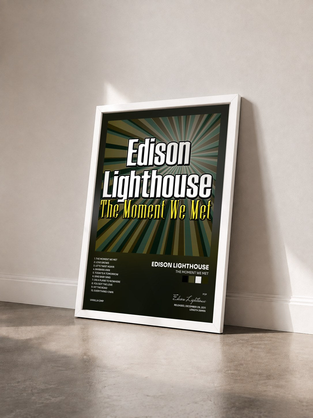 #blanc Tableau de l'album The Moment We Met de Edison Lighthouse vu de trois quarts, cadre blanc