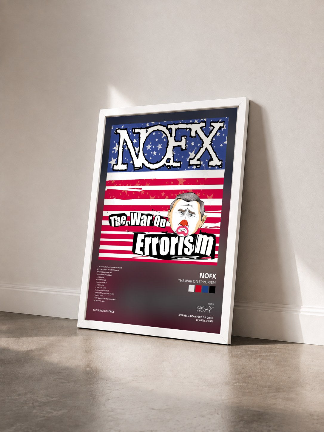 #blanc Tableau de l'album The War on Errorism de NOFX vu de trois quarts, cadre blanc