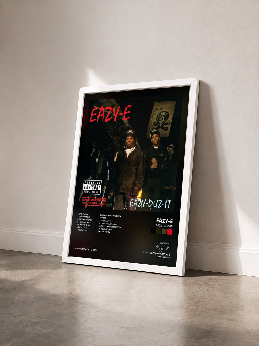 #blanc Tableau de l'album Eazy-Duz-It de Eazy-E vu de trois quarts, cadre blanc