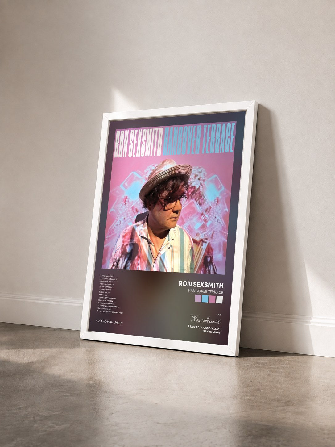 #blanc Tableau de l'album Hangover Terrace de Ron Sexsmith vu de trois quarts, cadre blanc