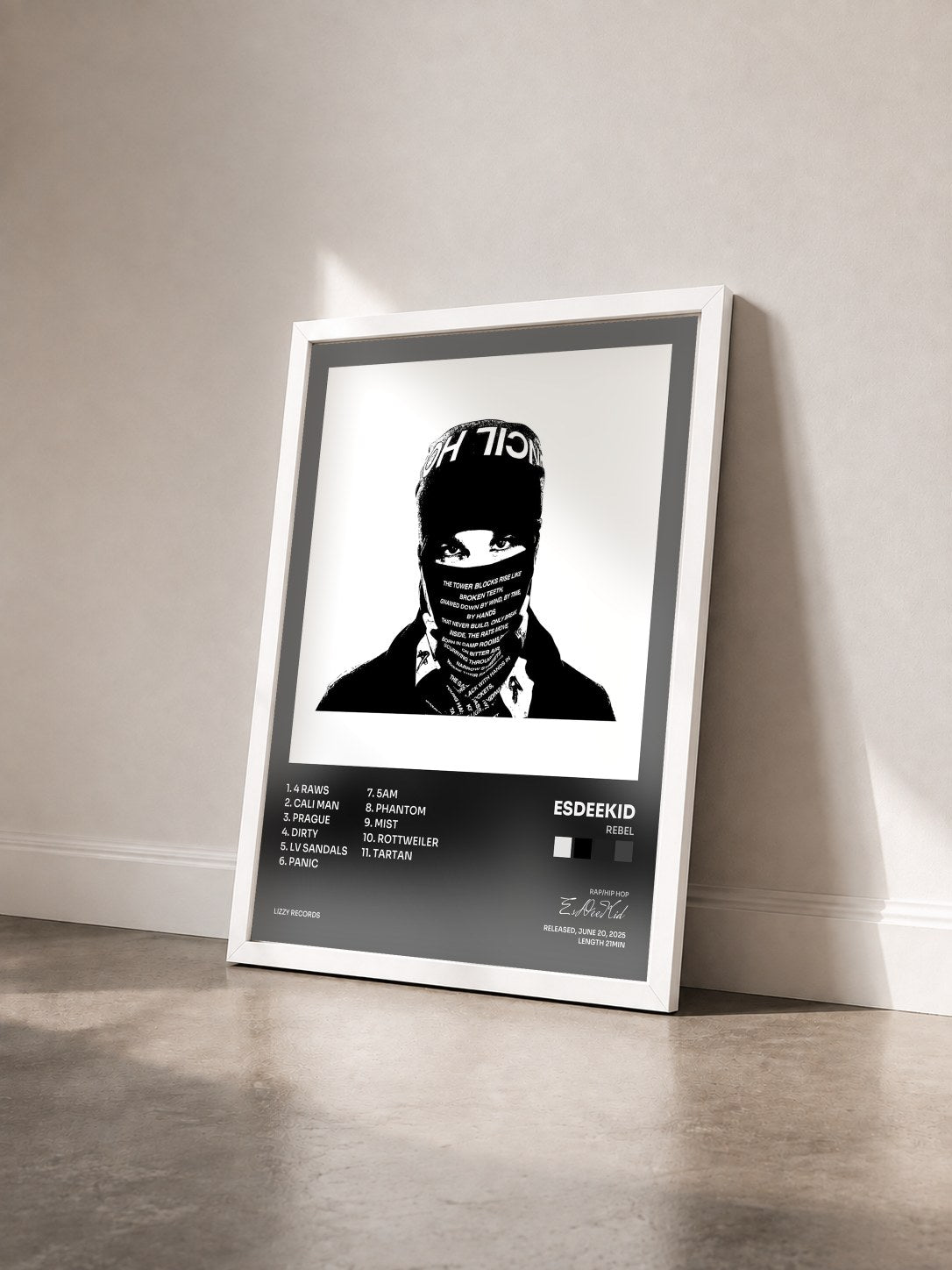 #blanc Tableau de l'album Rebel de EsDeeKid vu de trois quarts, cadre blanc