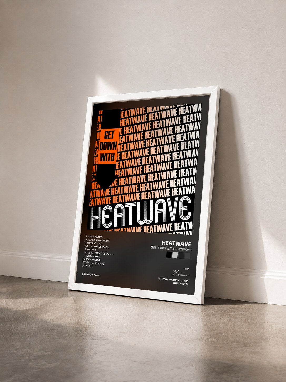 #blanc Tableau de l'album Get Down with Heatwave de Heatwave vu de trois quarts, cadre blanc