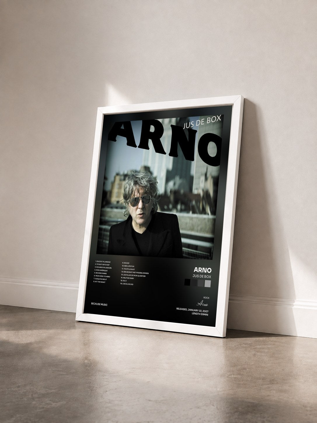 #blanc Tableau de l'album Jus de box de Arno vu de trois quarts, cadre blanc