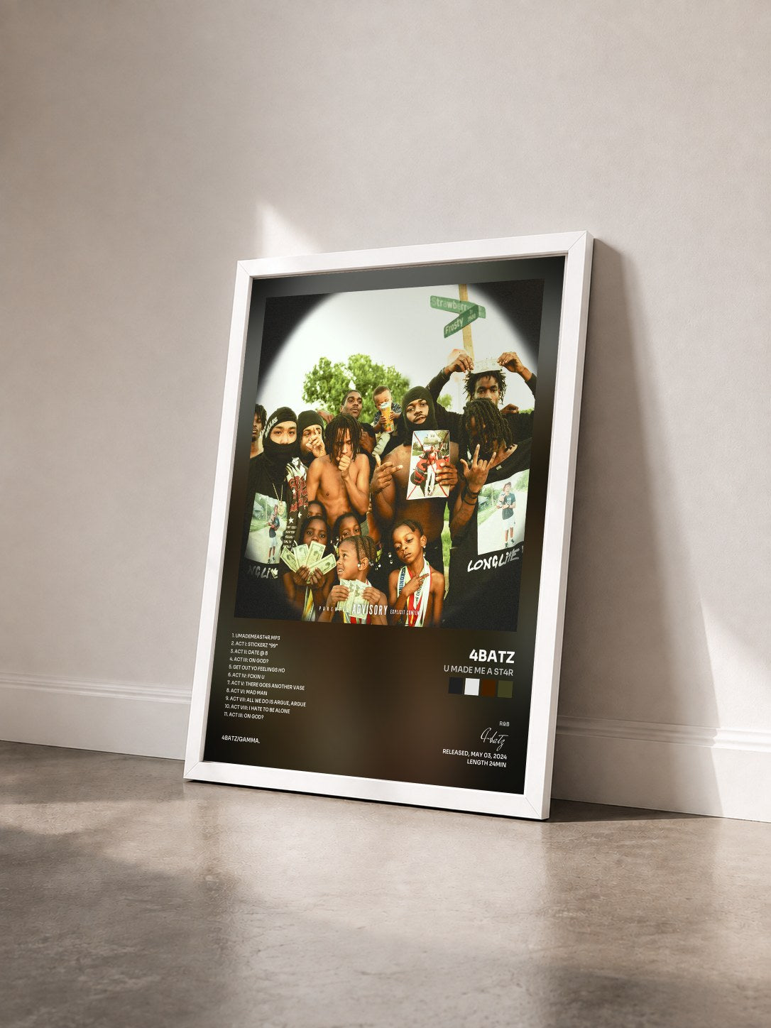 #blanc Tableau de l'album u made me a st4r de 4batz vu de trois quarts, cadre blanc