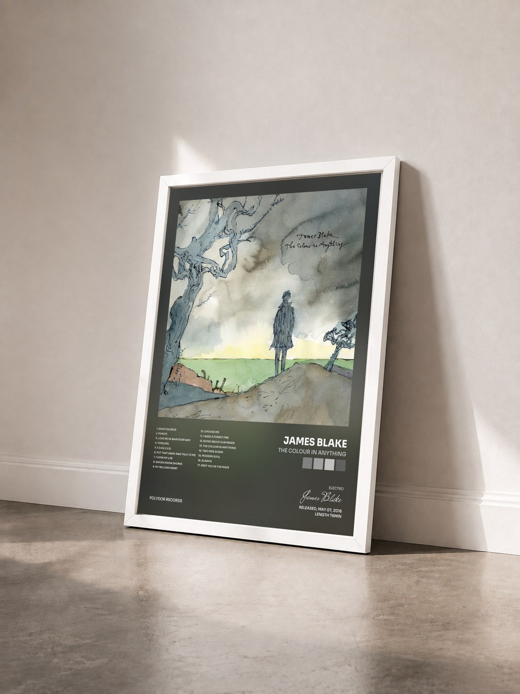 #blanc Tableau de l'album The Colour In Anything de James Blake vu de trois quarts, cadre blanc