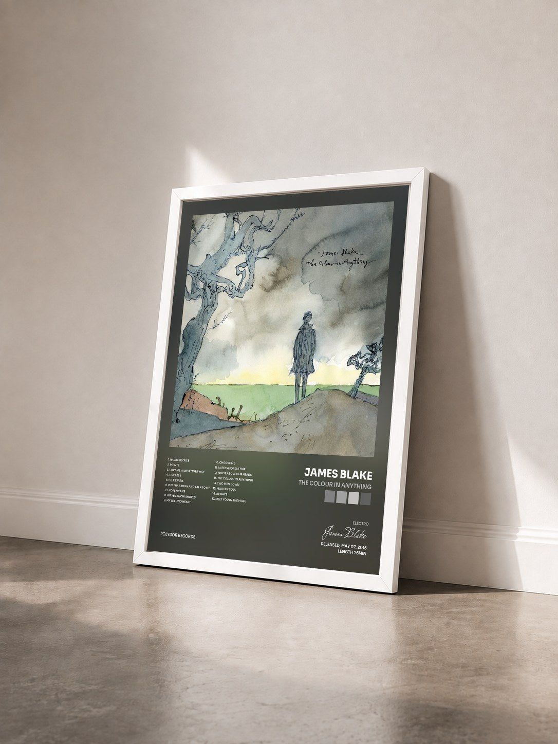 #blanc Tableau de l'album The Colour In Anything de James Blake vu de trois quarts, cadre blanc
