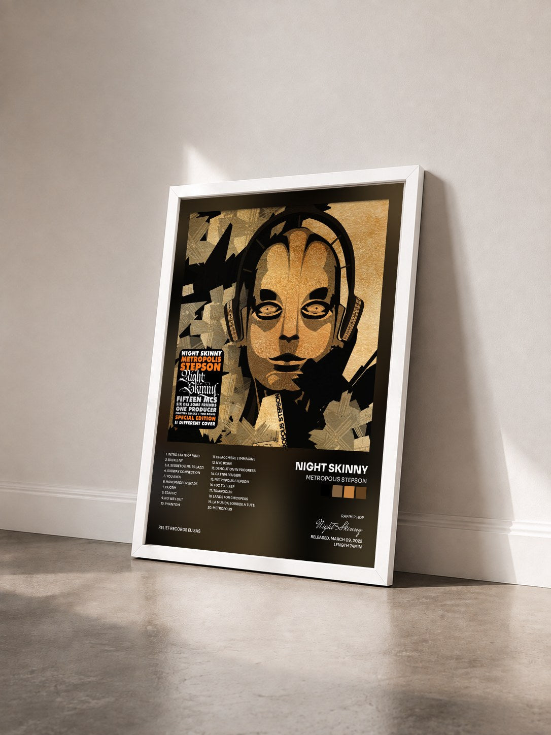 #blanc Tableau de l'album Metropolis Stepson de Night Skinny vu de trois quarts, cadre blanc