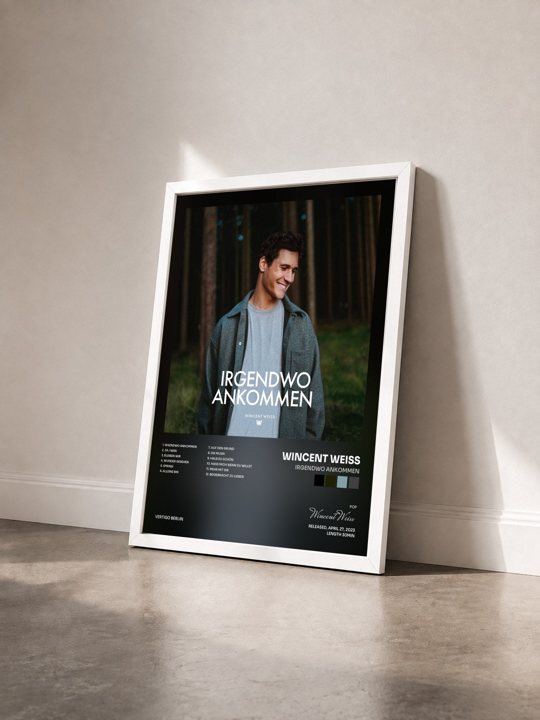 #blanc Tableau de l'album Irgendwo Ankommen de Wincent Weiss vu de trois quarts, cadre blanc