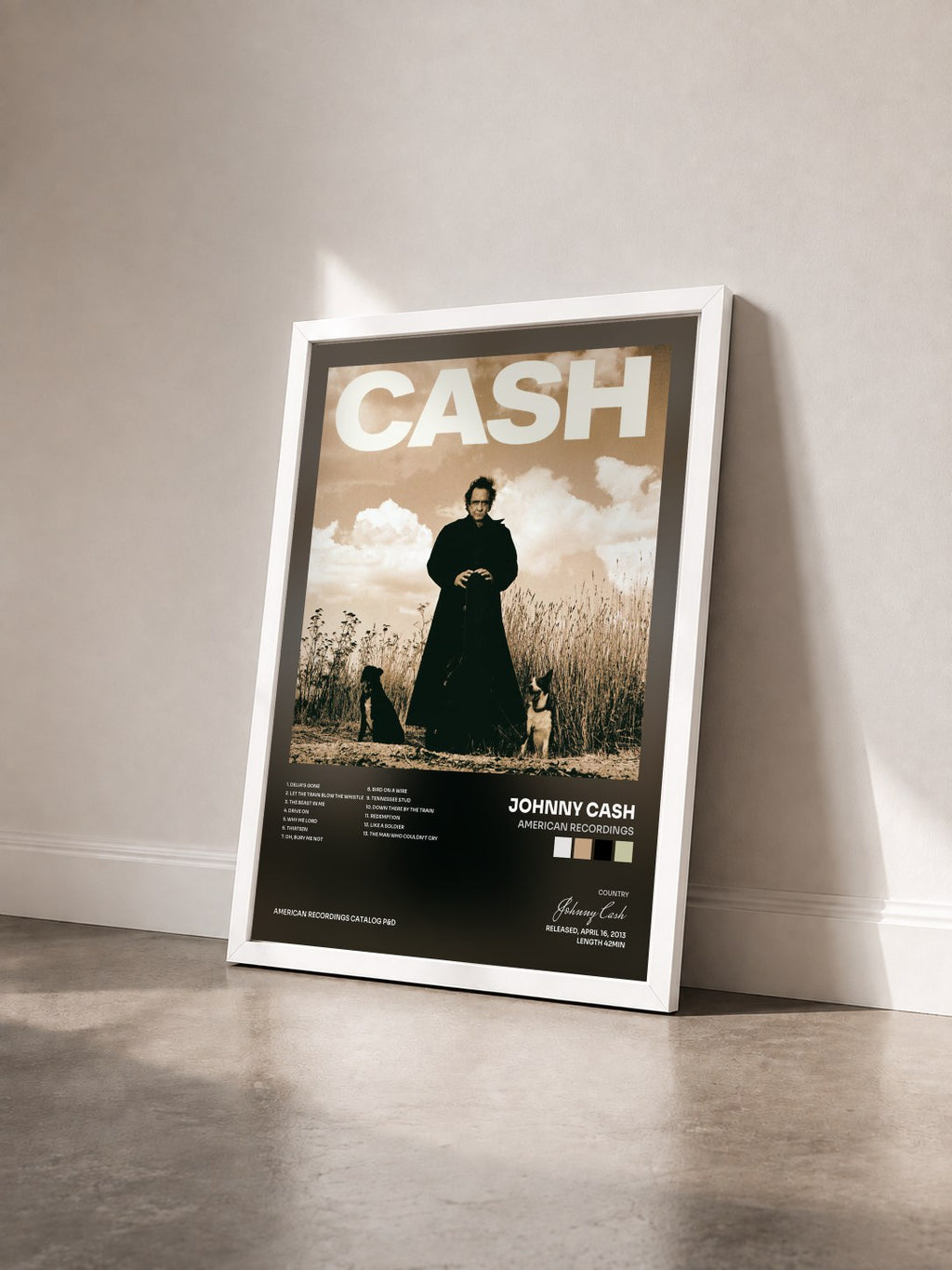 #blanc Tableau de l'album American Recordings de Johnny Cash vu de trois quarts, cadre blanc