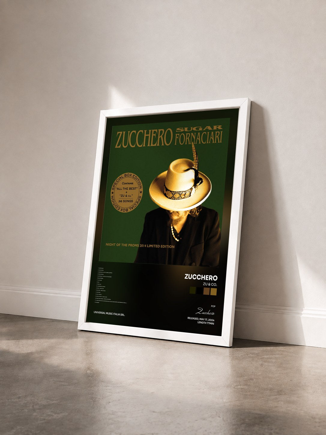 #blanc Tableau de l'album Zu & Co. de Zucchero vu de trois quarts, cadre blanc