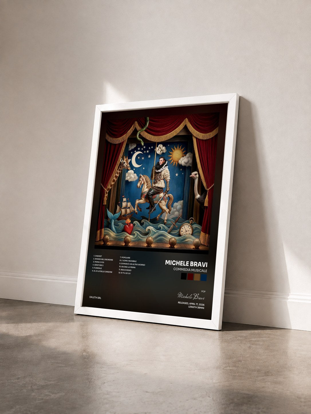 #blanc Tableau de l'album Commedia musicale de Michele Bravi vu de trois quarts, cadre blanc