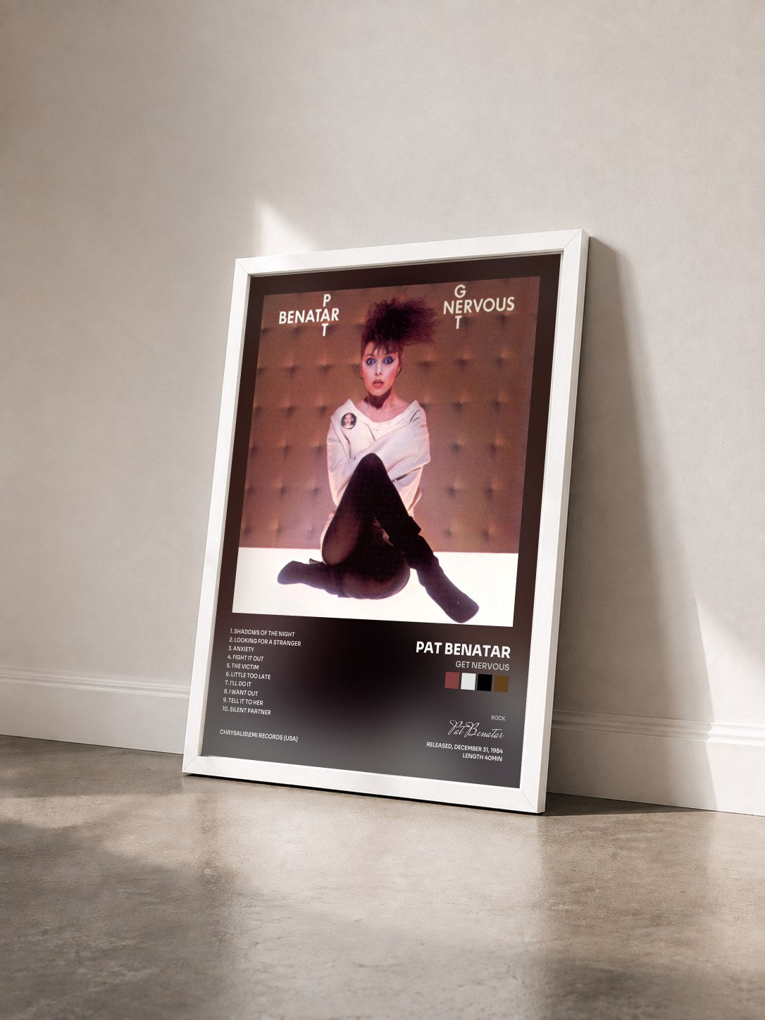 #blanc Tableau de l'album Get Nervous de Pat Benatar vu de trois quarts, cadre blanc