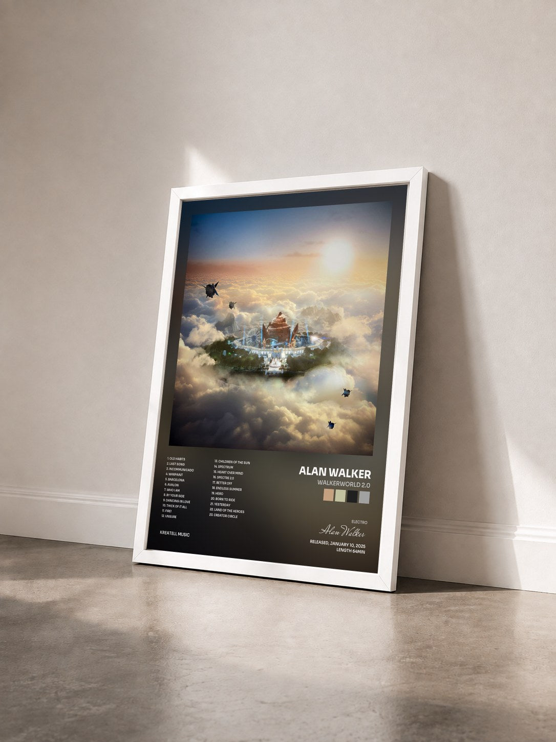 #blanc Tableau de l'album Walkerworld 2.0 de Alan Walker vu de trois quarts, cadre blanc