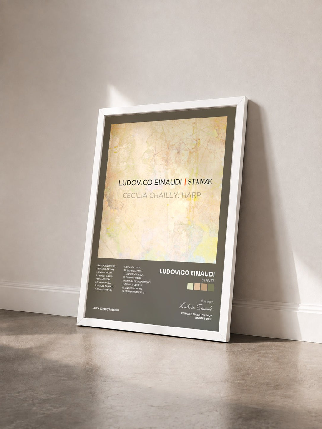 #blanc Tableau de l'album Stanze de Ludovico Einaudi vu de trois quarts, cadre blanc