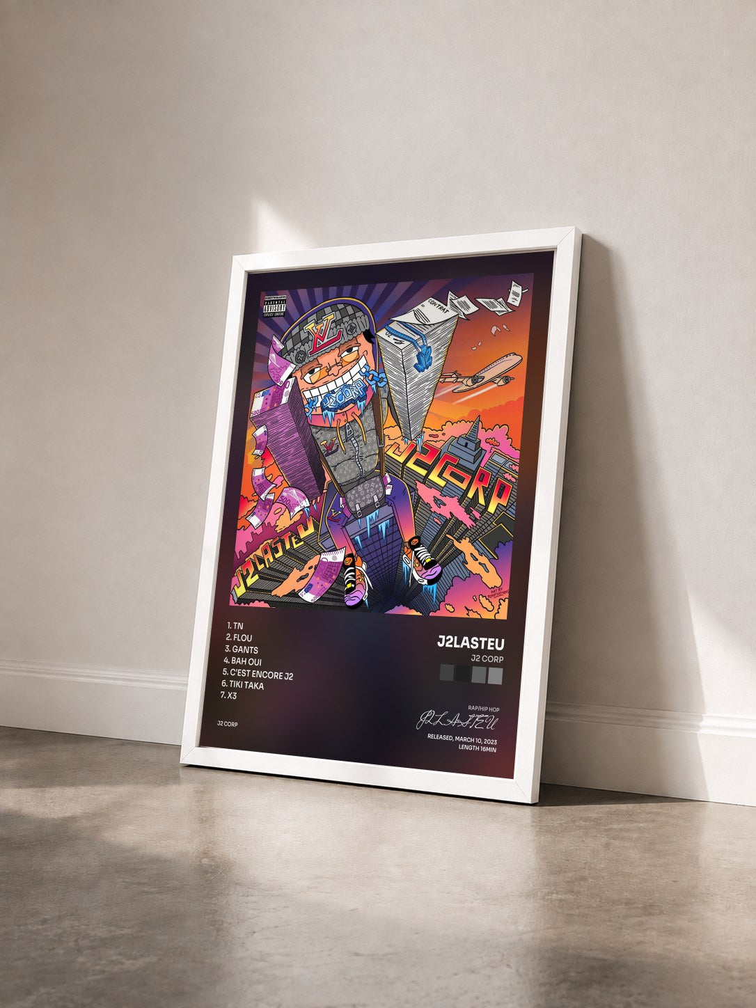 #blanc Tableau de l'album J2 CORP de J2LASTEU vu de trois quarts, cadre blanc