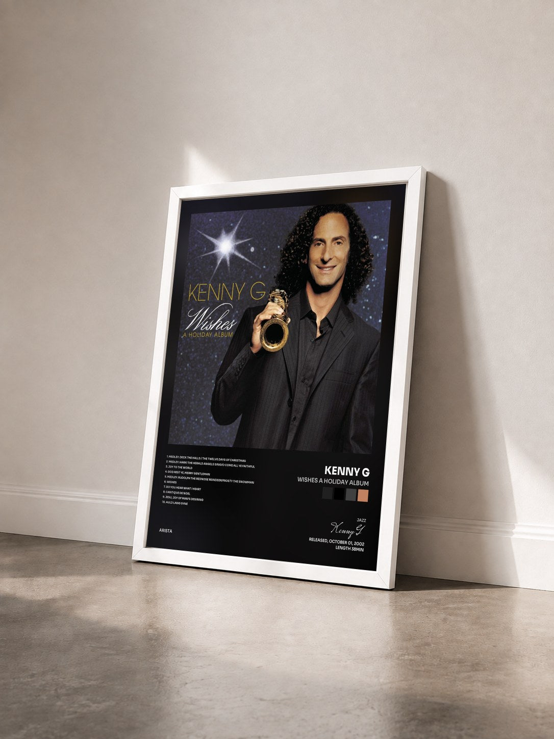 #blanc Tableau de l'album Wishes A Holiday Album de Kenny G vu de trois quarts, cadre blanc